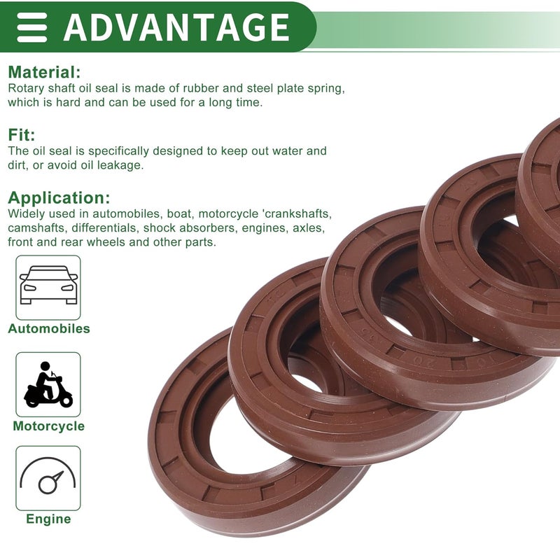 HEROFFIX Universal Oil Seal TC Double Lip W Steel Spring Seal Ring Rotary Shaft Seal 20x35x7mm High Pressure FKM Rubber Brown 5 Pcs - Image 4